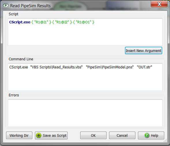 Configuration of the scripter for the process "Read Pipesim Results"