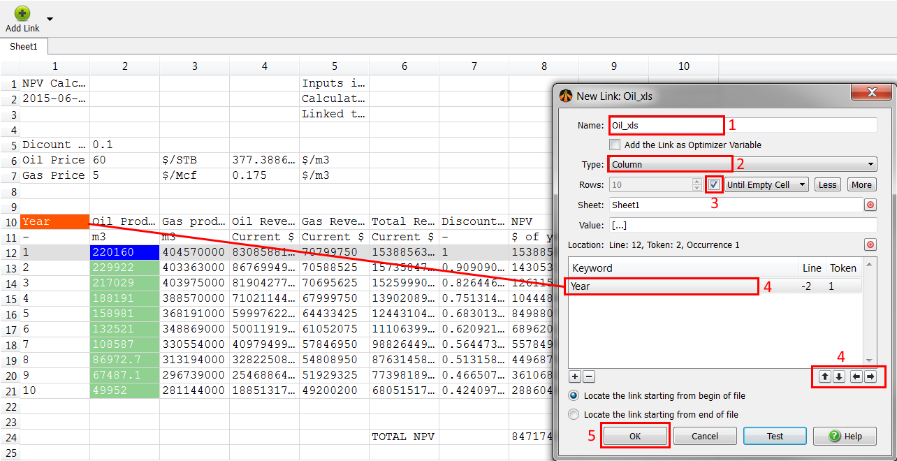 Define a link for the oil rate inside the Excel workbook