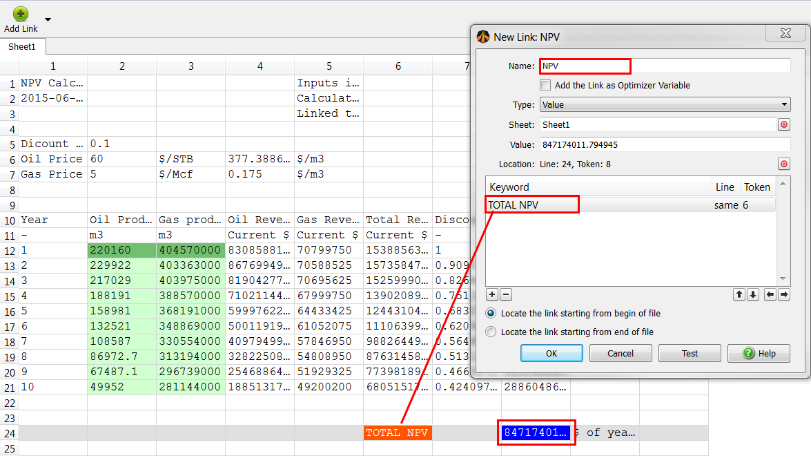 Define a link for the NPV inside the Excel workbook